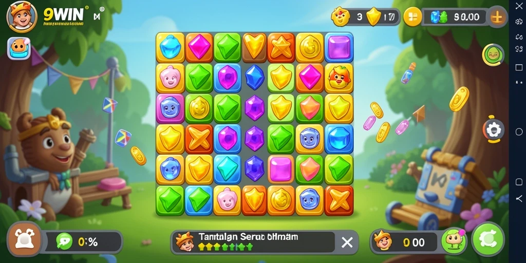 Screenshot gameplay 9WIN menampilkan level Match-3 yang penuh warna.