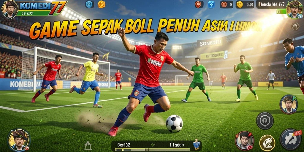 Screenshot permainan KOMEDI77 dengan aksi sepak bola penuh humor.