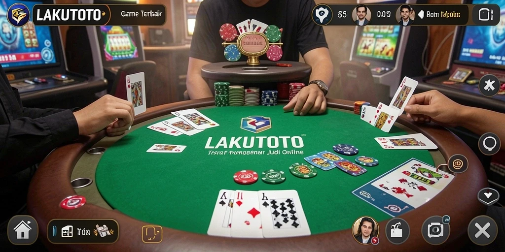 Menggambarkan gameplay seru di LAKUTOTO dengan pemain bersaing di meja poker.