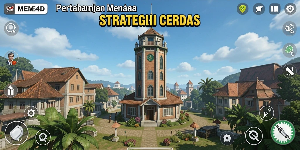 Screenshot dari gameplay seru di MEME4D dengan menara yang aktif.