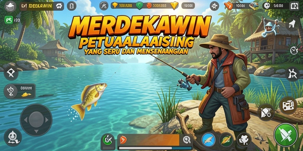 Tampilan gameplay menarik saat memancing di MERDEKAWIN.