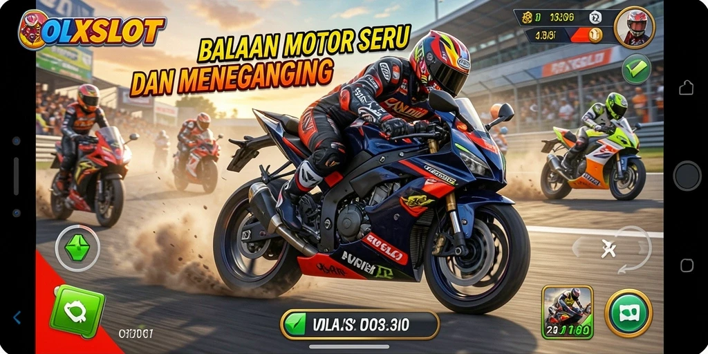 Screenshot utama OLXSLOT menampilkan aksi balapan motor yang mendebarkan.